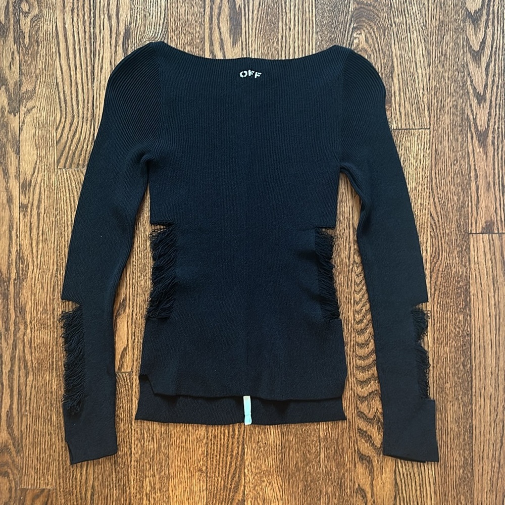 Off-White Black Logo Distressed Cut Out Ribbed Shirt Sweater 40